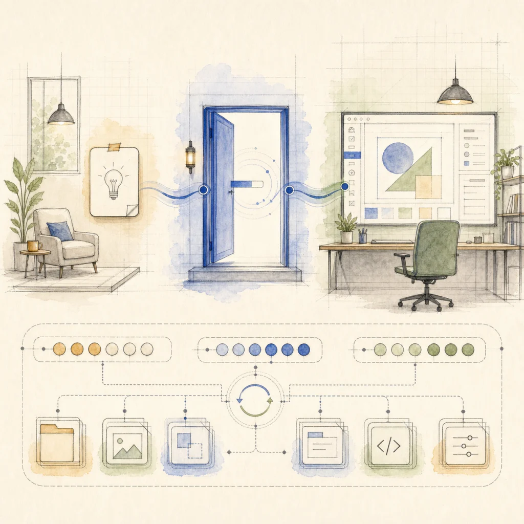 An idea card moves through a Preparing doorway into a working design project while bounded queues keep shared workspace resources synchronized below