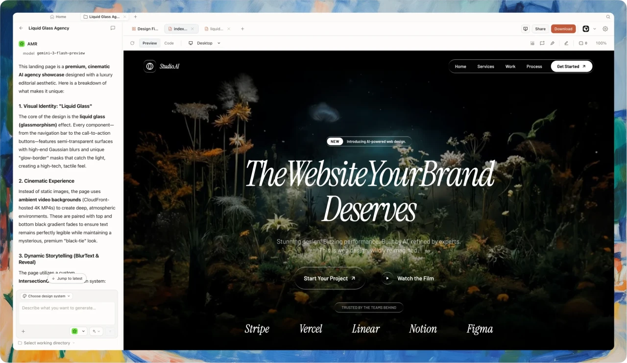 OpenDesign desktop — design files & index.html preview